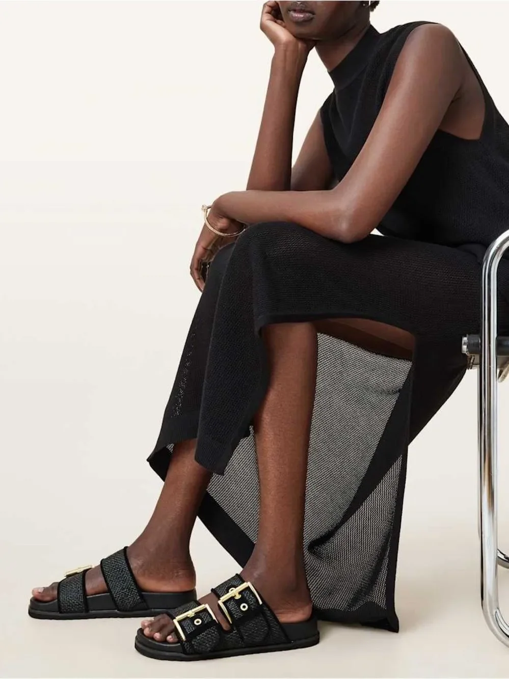 AllSaints Black Woven Double-Strap Slides with Metallic Buckles SB9